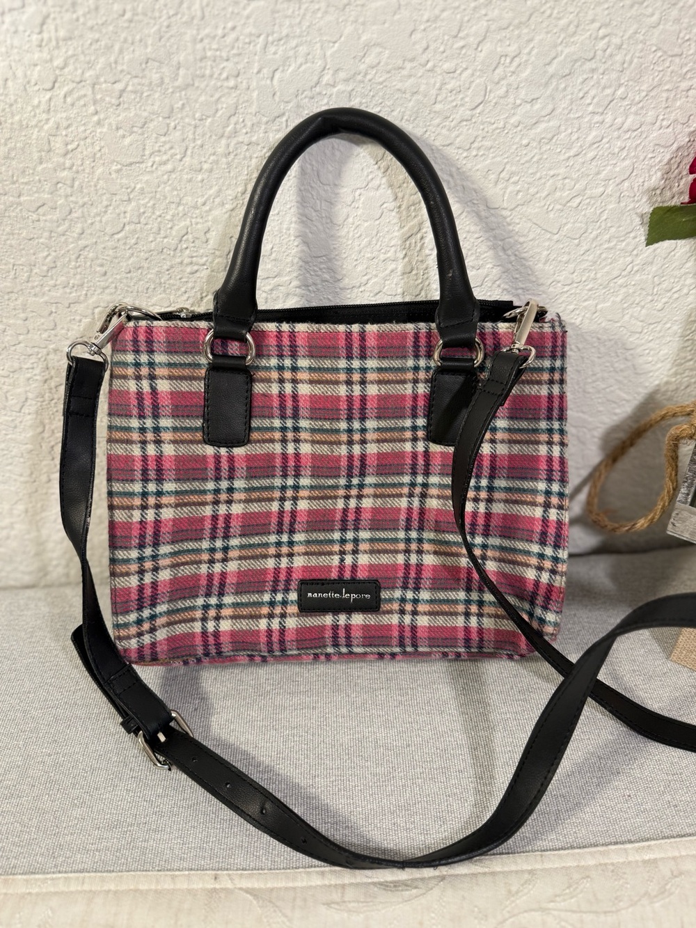 Nanette Lepore Pink Plaid Satchel with Black Trim